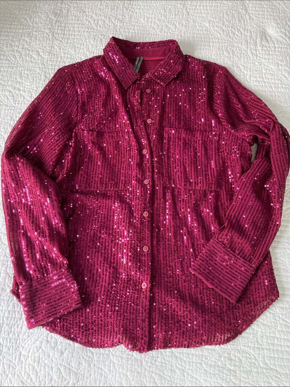 Anthropologie Fuchsia Sequin Button-Front Top Large